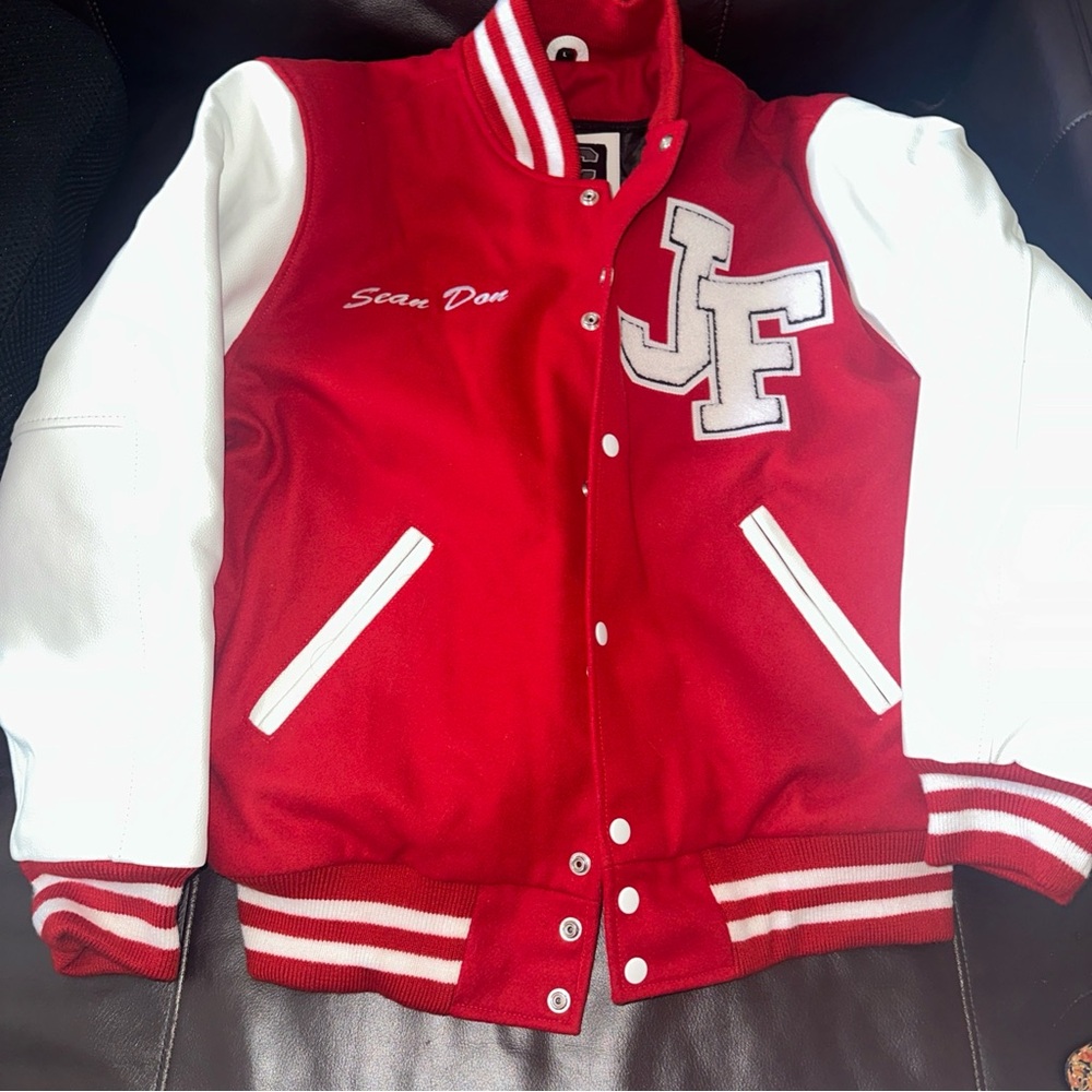 Letter Custom Men’s Large  Red and White Varsity Jacket EUC